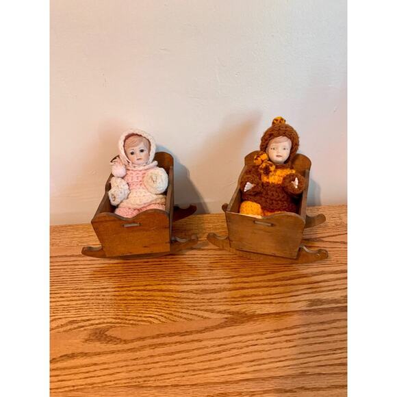 SET of 2 VTG Antique All Bisque Dolls 8in Crochet Bonnet Handmade Crib Glass Eye - Picture 1 of 16